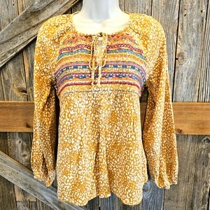Savanna Jane Embroidered Peasant Blouse Top Orange/ Gold Southwest Small S ^^